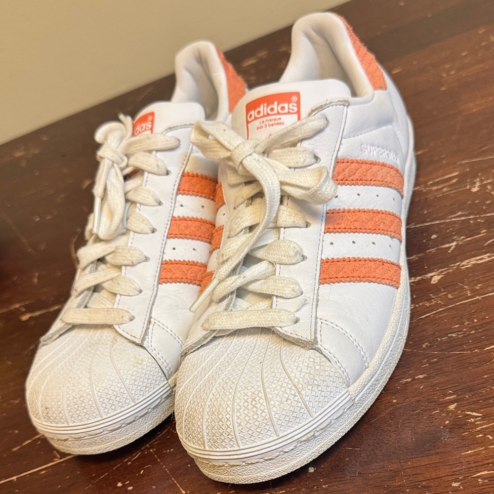 Adidas White and Coral Striped Sneakers
